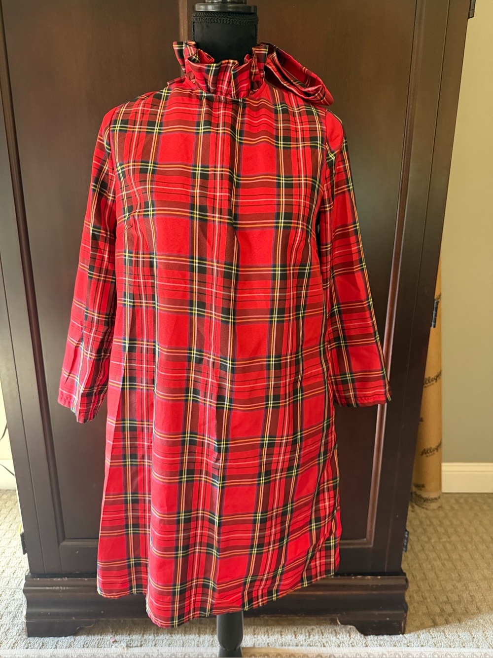 Red Plaid Womenβs' Dress with Ruffled Neck